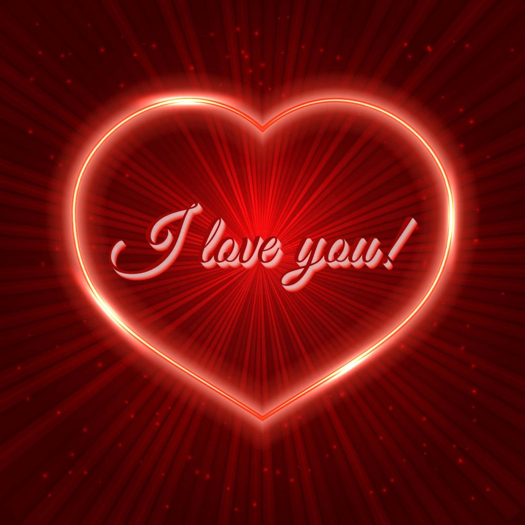 Romantic neon heart with I love you text on vibrant red glowing background wallpaper