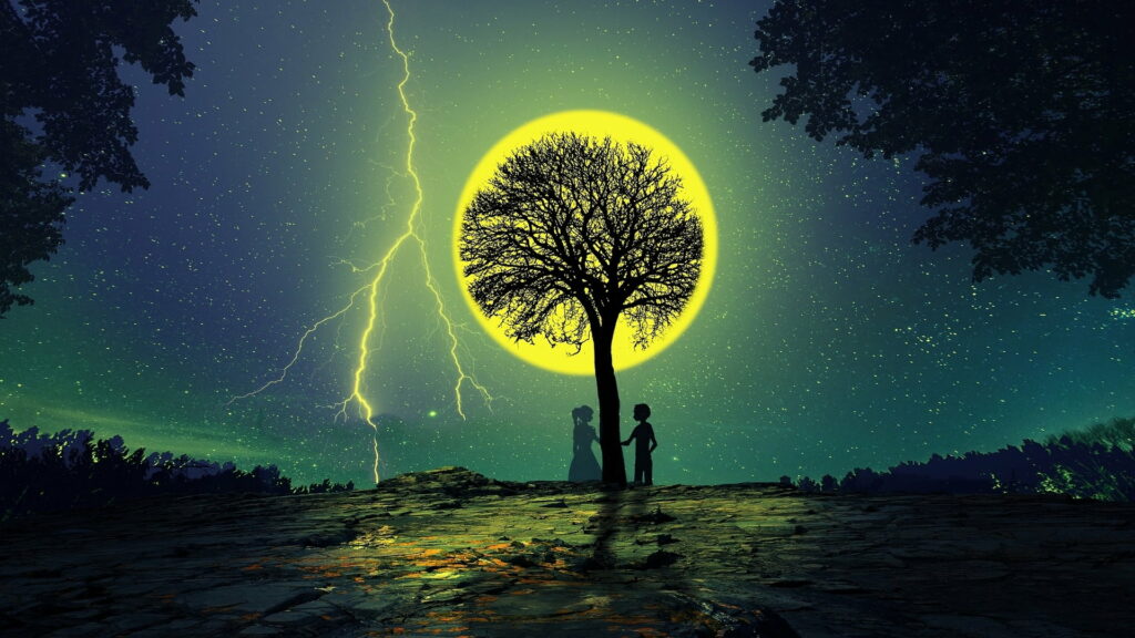 Starry Serenade: A Breathtaking Moonlit Rendezvous beneath Lush Trees Wallpaper