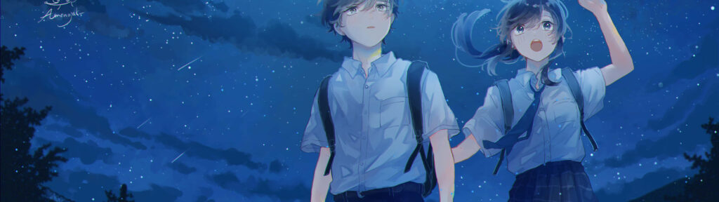 Romantic Anime Duo under the Starry Night Sky - 3840 X 1080 HD Wallpaper