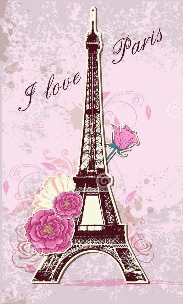 Romantic Pink Eiffel Tower Wallpaper with Roses & 'I Love Paris' Text