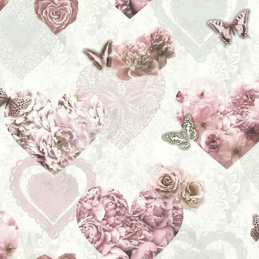 Enchanting Romantic Pink Hearts Wallpaper with Floral & Lace Design
