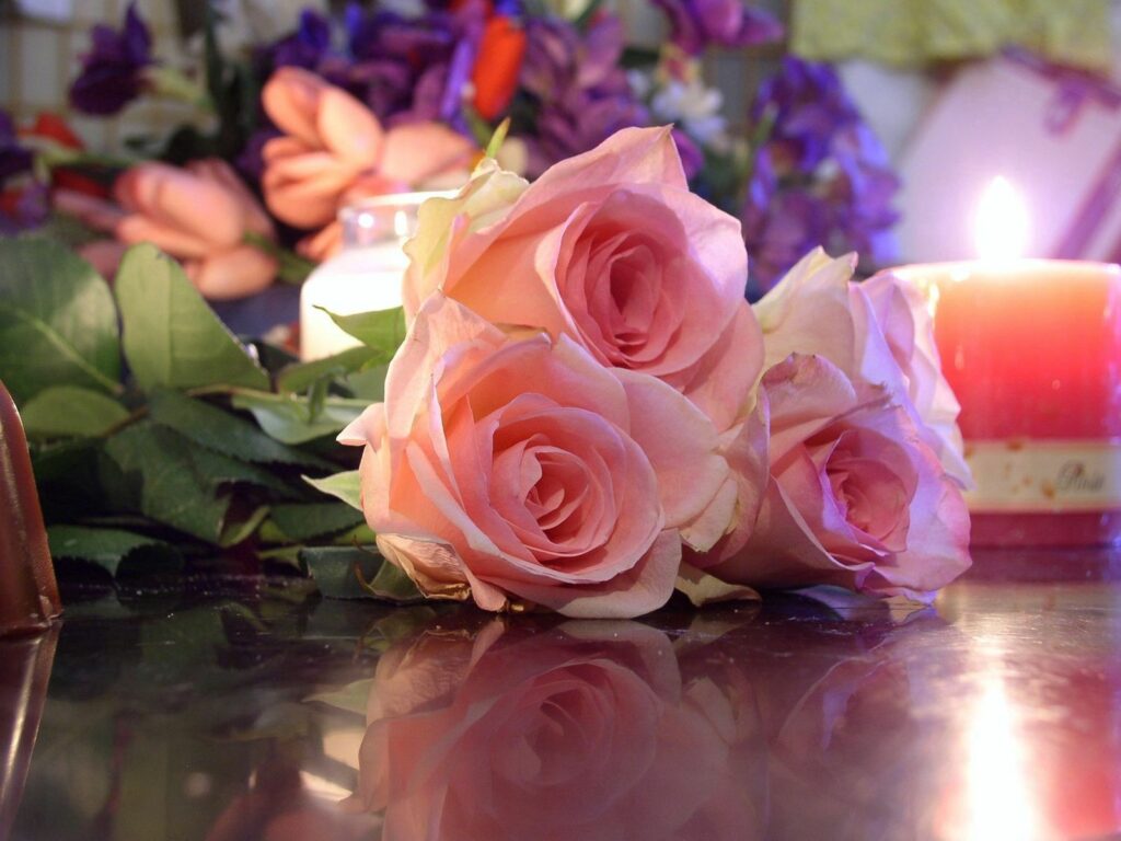 Romantic Pink Rose Bouquet Wallpaper with Candle Reflection