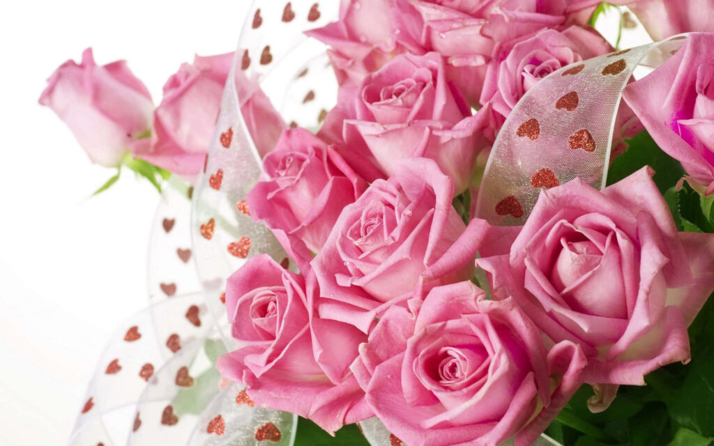 Charming Pink Rose Bouquet Wallpaper with Heart Ribbon Accents