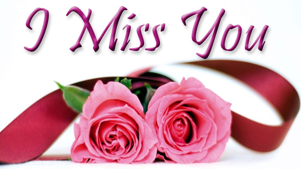 Romantic wallpaper with two pink roses burgundy ribbon and cursive I Miss You text on white