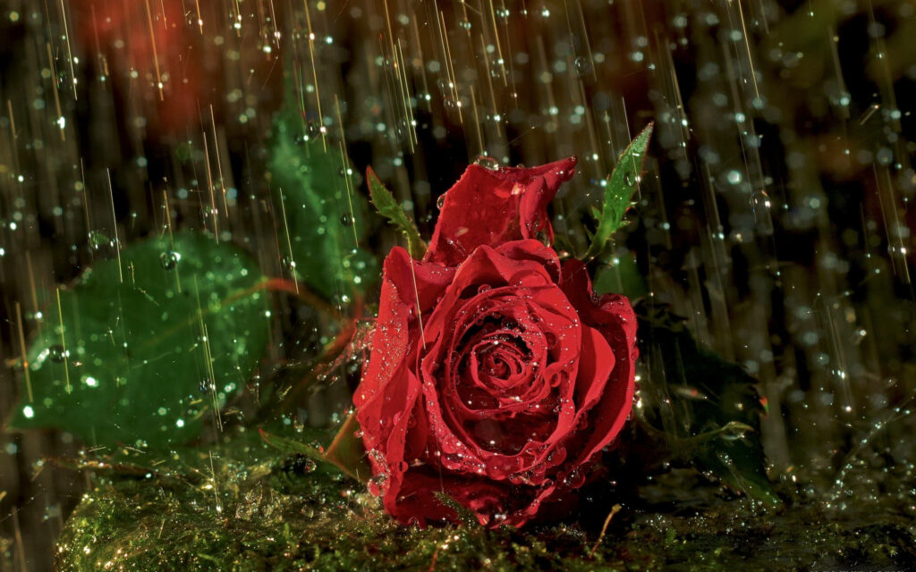Macro red rose wallpaper with raindrops on petals over mossy ground and dark moody background