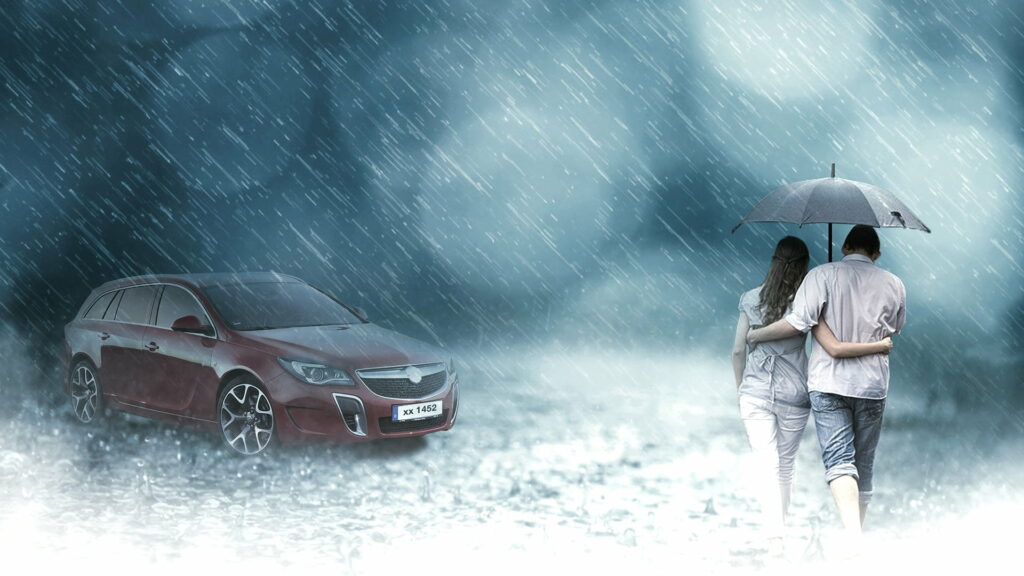 The Emotional Connection: A Couple Embraces the Rainy Day in their Car with Umbrella, Creating a Beautiful HD Wallpaper Background Photo