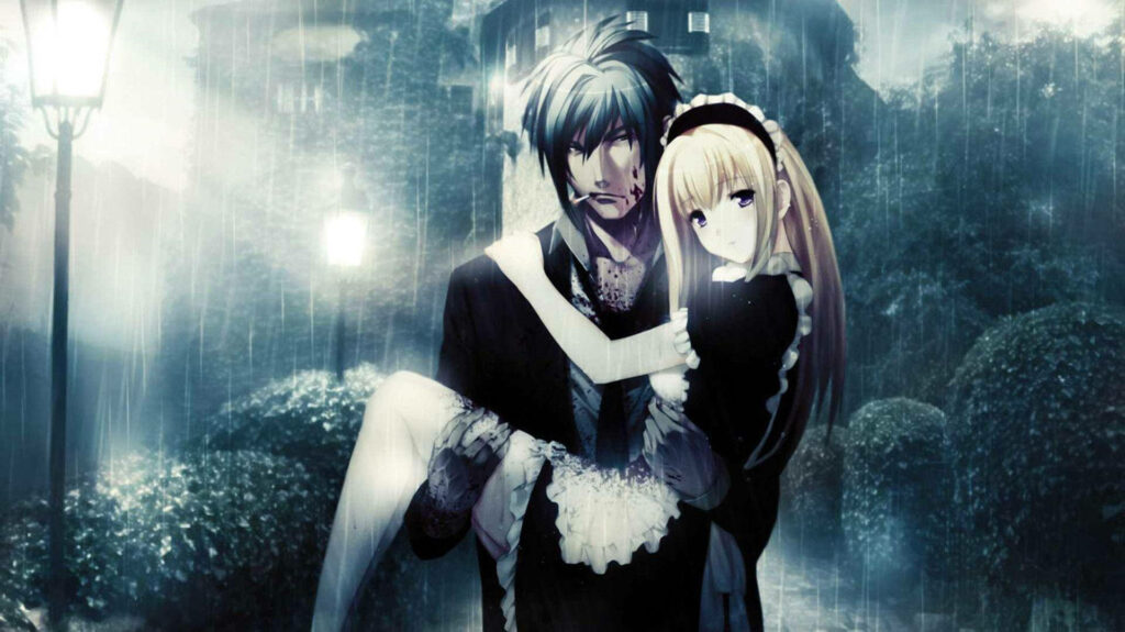 Romantic Anime Moment: Adorable Couple Embracing Under Rainy Sky Wallpaper