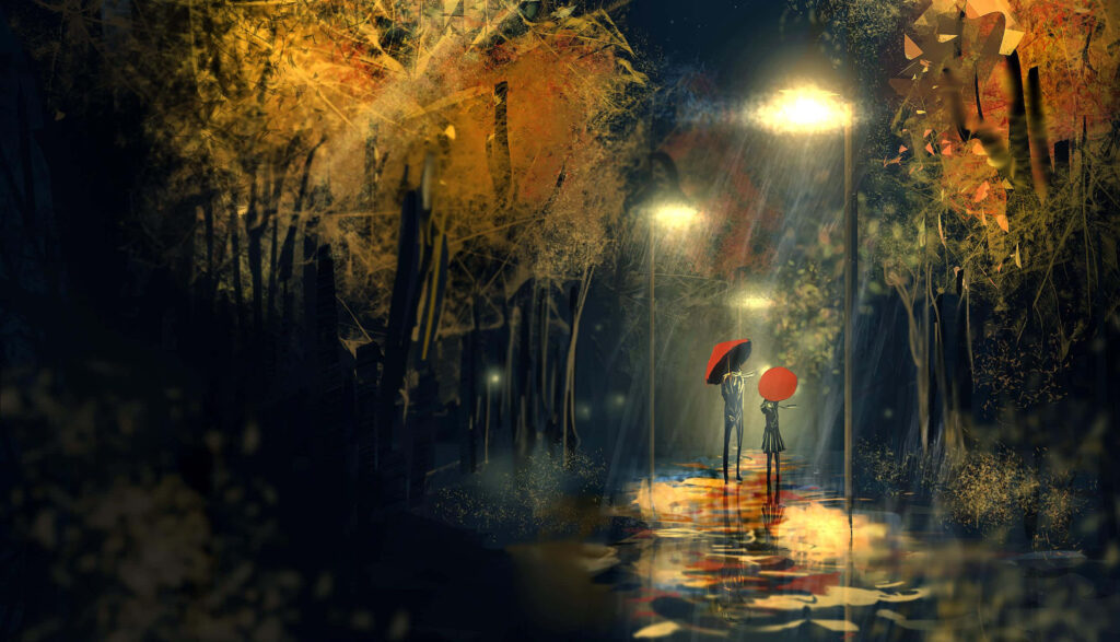 Rainy Romance: Anime Couple Embracing Love Amid Park Downpour Wallpaper