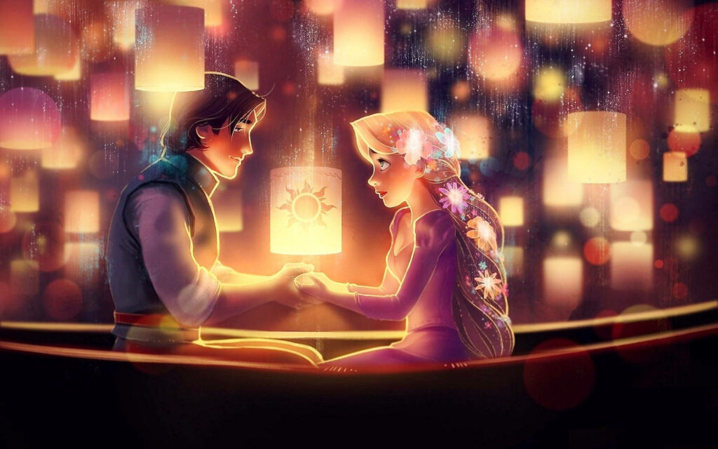 Romantic Rapunzel & Flynn Wallpaper: Love & Magic in a Lantern Boat