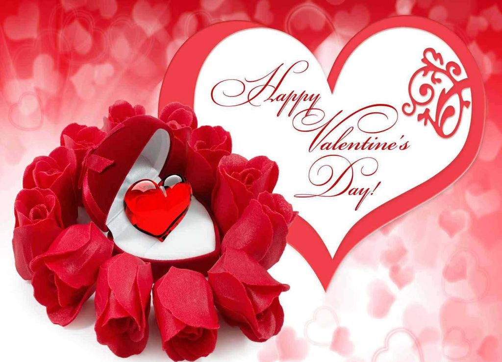 Red crystal heart in heart box with red roses Valentine's Day wallpaper background romance