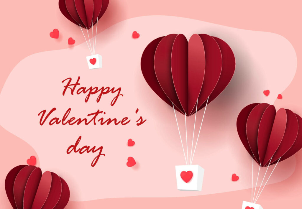 Heart-shaped red balloons on pink background with Happy Valentines Day script and scattered hearts Wallpaper