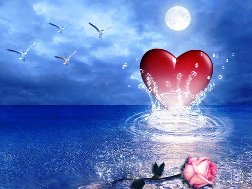 Romantic Wallpaper: Glowing Red Heart & Blue Water Under Full Moon