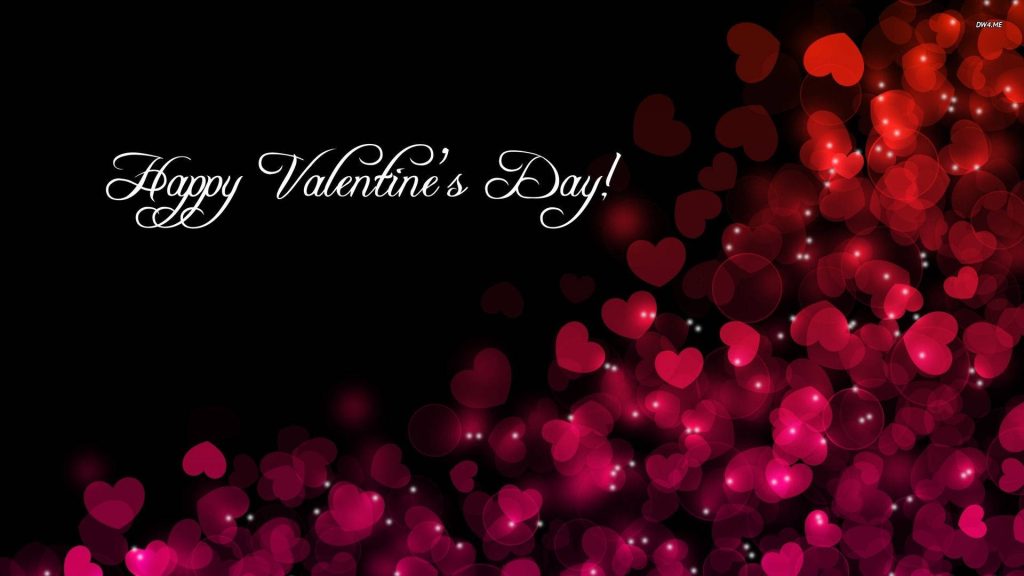 Romantic Valentine's Day wallpaper with glowing red hearts and white cursive text on black background
