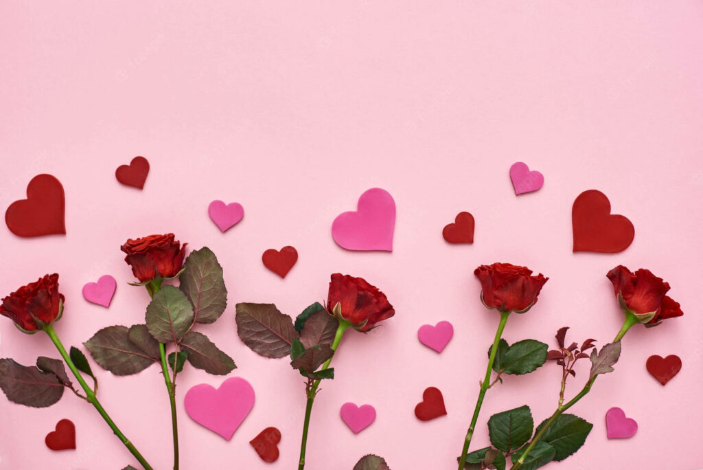 Romantic Red Rose Wallpaper with Hearts on Soft Pink Background