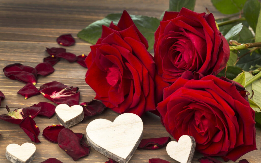 Vibrant Red Roses & White Hearts on Rustic Wooden Background Wallpaper
