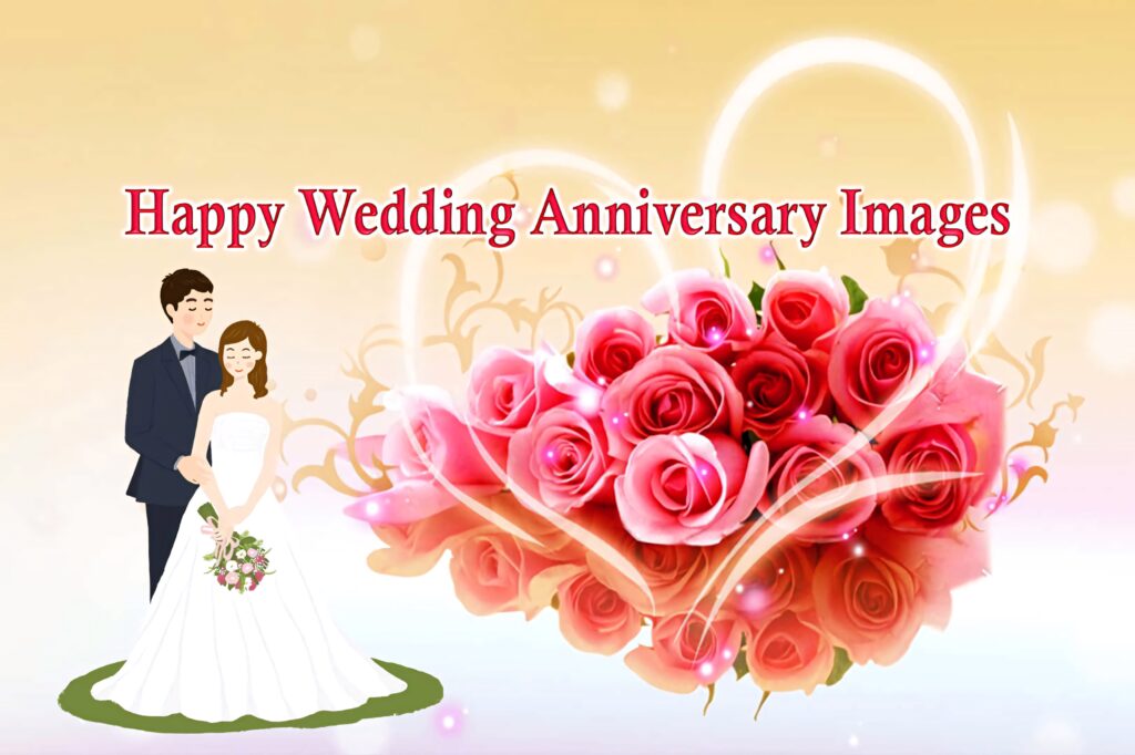 Romantic wedding anniversary wallpaper with red rose bouquet and happy bride and groom couple