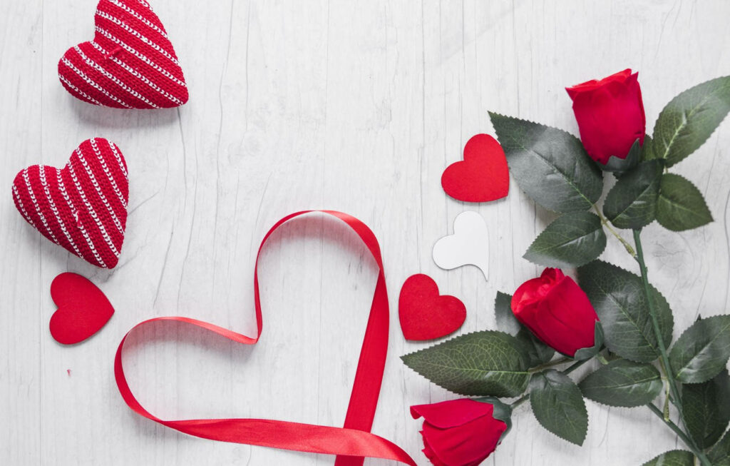 Romantic Red & White Heart Wallpaper with Roses on Wooden Background