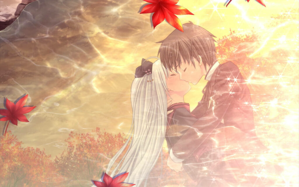 Romantic Reflections: An Enchanting Sunset Kiss of a Charming Anime Duo amidst Floating Autumn Leaves Wallpaper