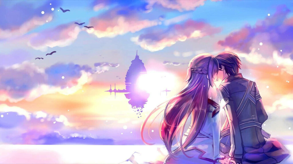 Romantic Anime Duo Embracing in a Majestic Purple Sky - Love Anime Aesthetic Wallpaper
