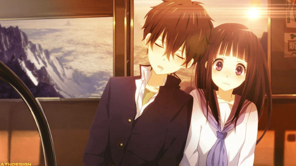 Riding the Rails of Love: Cute Anime Couple PFP Wallpaper on a Train