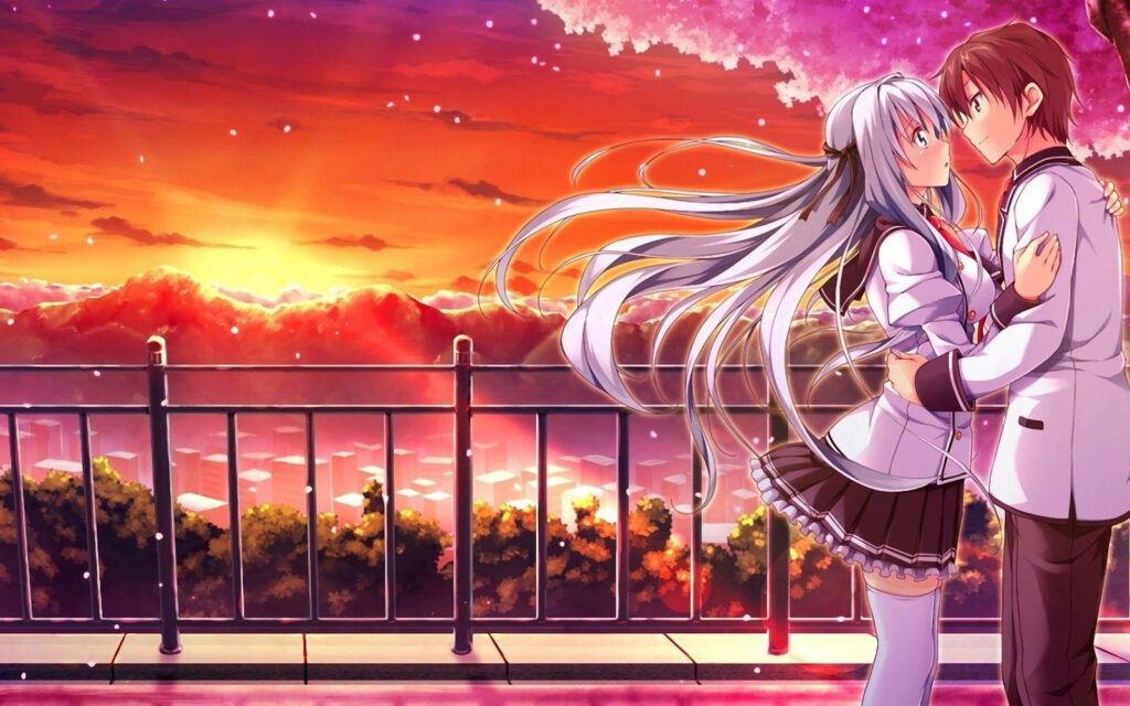 Romantic Sunset Stroll: Charming Anime Pair on High School Rooftop Wallpaper