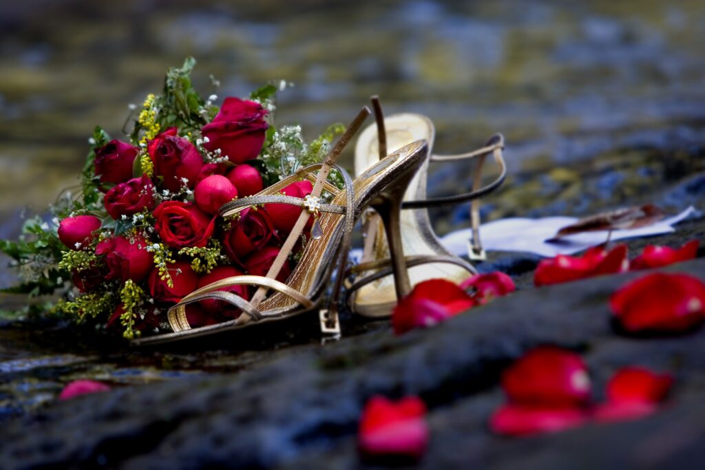 Enchanting Romantic Wallpaper: Red Roses & Gold High Heels Background