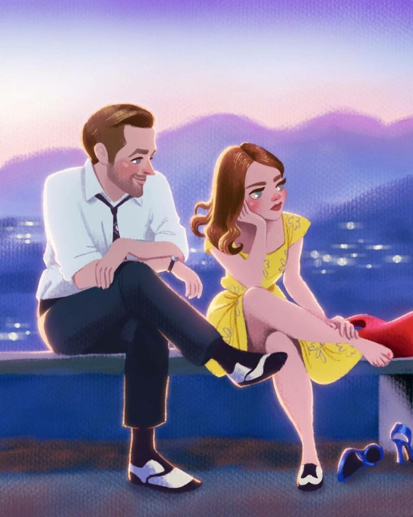 Lovebirds Unite: A Charming Cartoon Duo Sharing Affection on a Serene Stone Bench Wallpaper