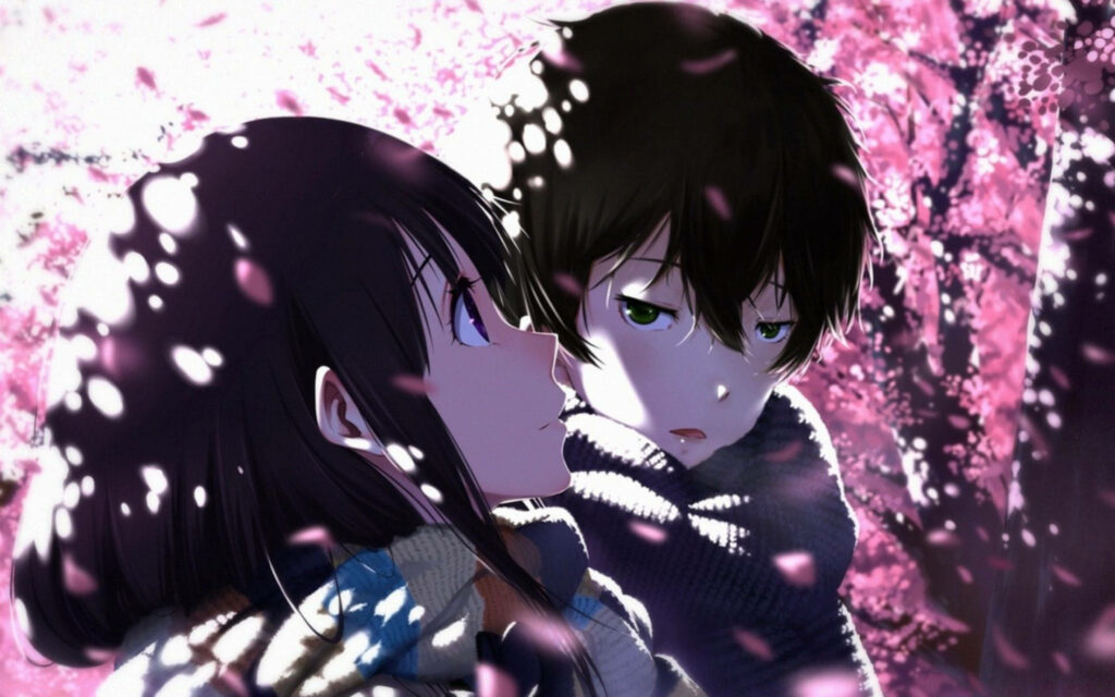Harmony Beneath the Sakura: Mesmerizing Anime Duo Embrace Amidst Petal-strewn Cherry Blossom Grove Wallpaper
