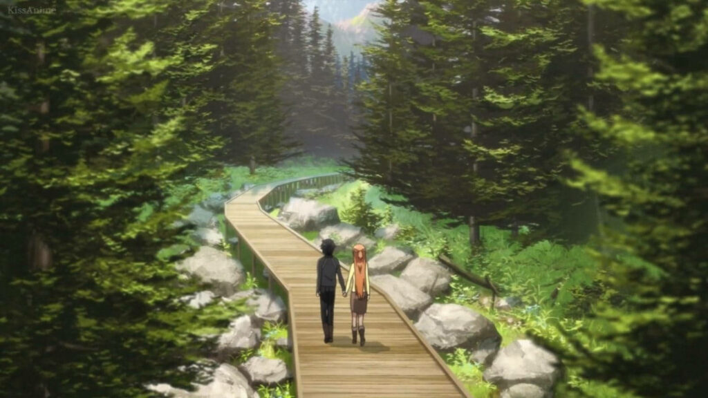 Love's Journey: Kirito and Asuna, the Enchanting Duo, Strolling Hand in Hand along a Scenic Path Wallpaper