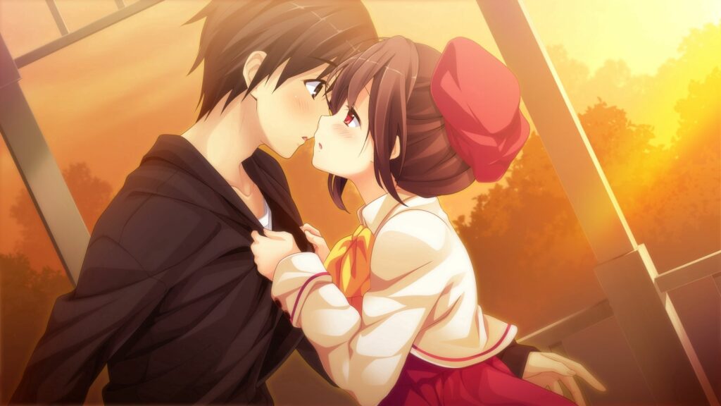 Romantic Sunset: Couple's Tender Kiss in Enchanting Scene Wallpaper