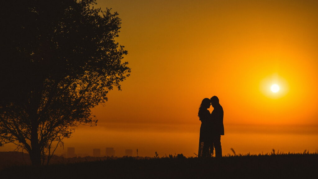 Romantic couple silhouette at sunset under large tree golden hour 5K wallpaper background