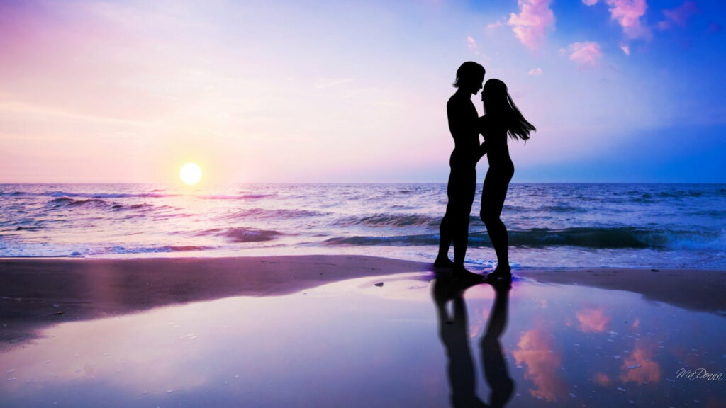 Serenade of Love: Embracing the Sunset at a Romantic Beach Wallpaper