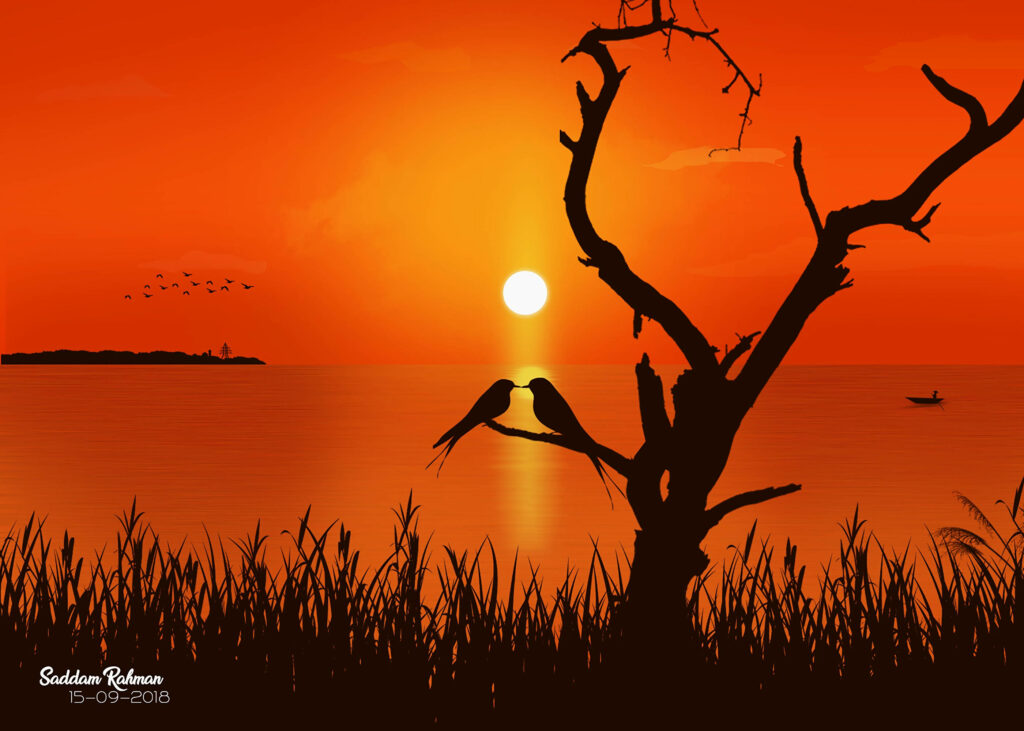 Romantic Sunset Wallpaper: Serene Ocean & Birds on a Branch