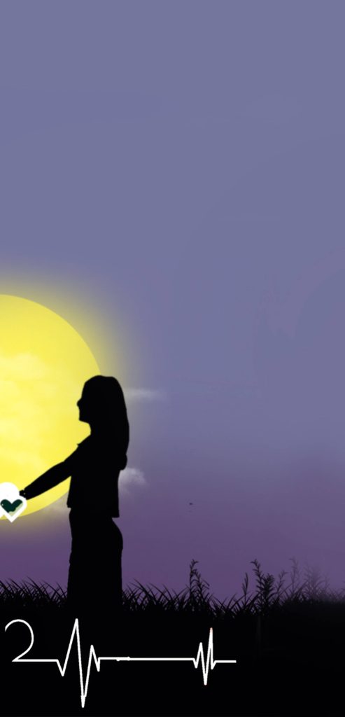 Woman’s silhouette in grassy field reaching glowing moon holding green heart against purple sky Wallpaper