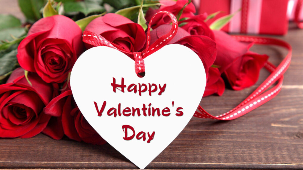 Love in Bloom: Happy Valentine's Day Greeting Card Wallpaper with Red Roses and Heart