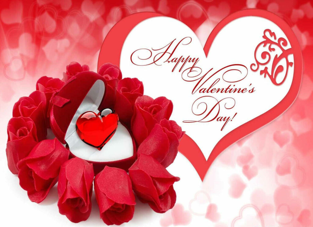 Valentines Day wallpaper heart shaped jewel ring box red roses Happy Valentines Day message background
