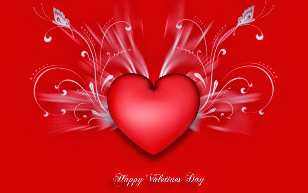 Valentine's Day wallpaper red heart with white swirls and butterfly silhouettes festive background