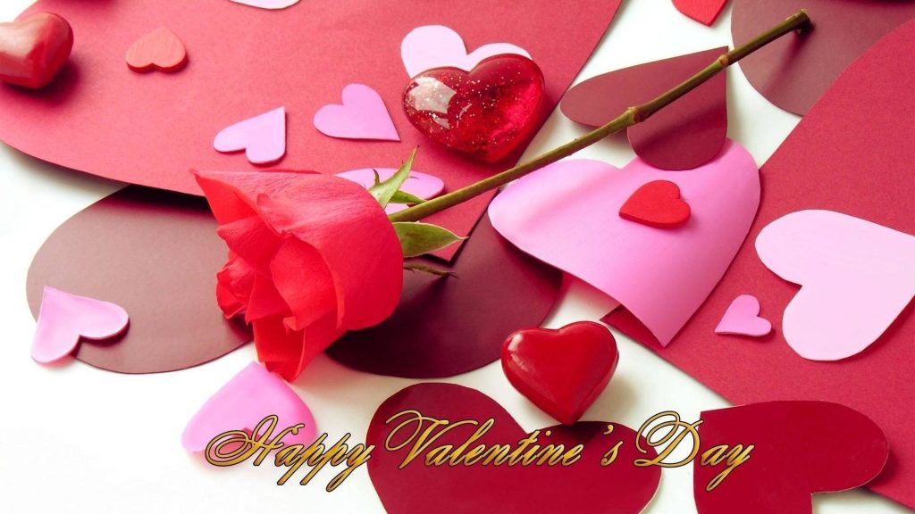 Valentines Day wallpaper with red rose pink paper hearts gold script love text festive background