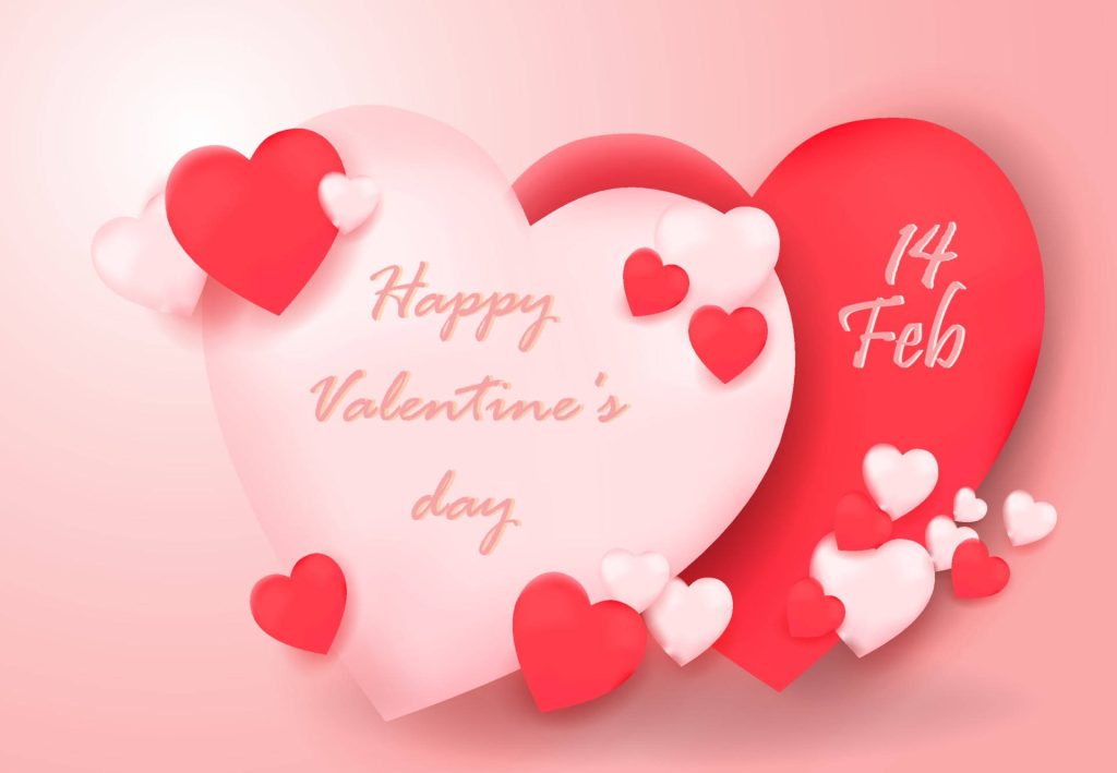 Romantic Valentines Day wallpaper with floating pastel pink and red hearts and festive typography