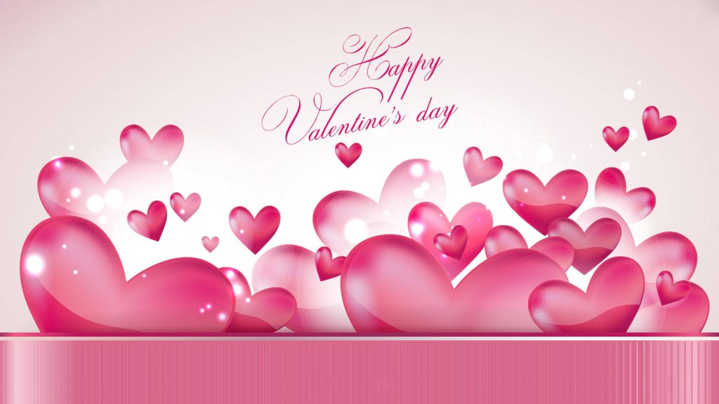 Valentines Day wallpaper with glossy 3D pink hearts elegant cursive text and soft background
