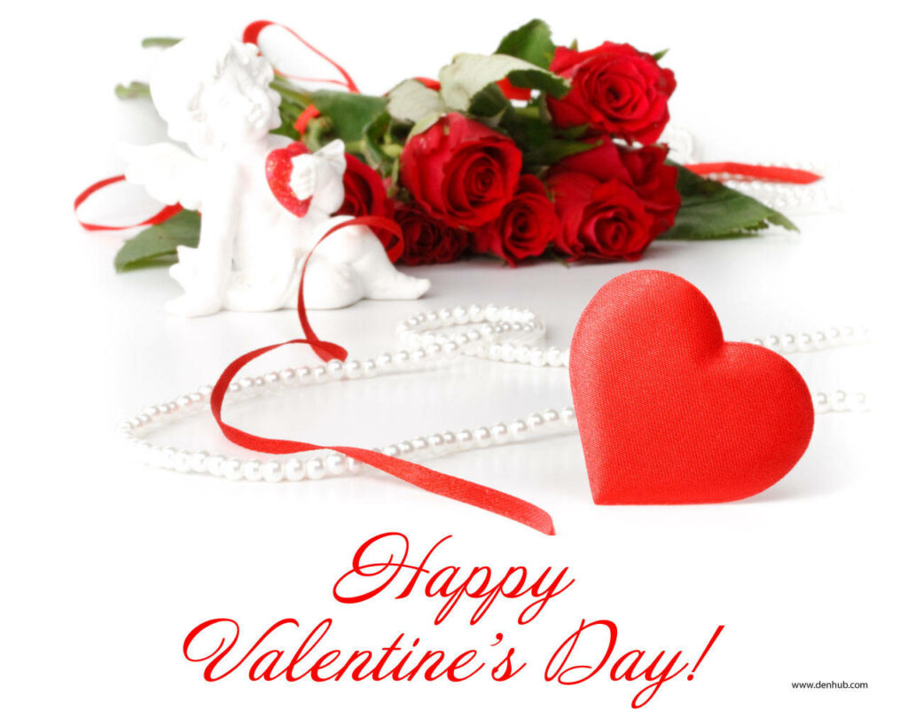 Romantic Valentine’s Day wallpaper with red roses heart white pearls and angel figurine background