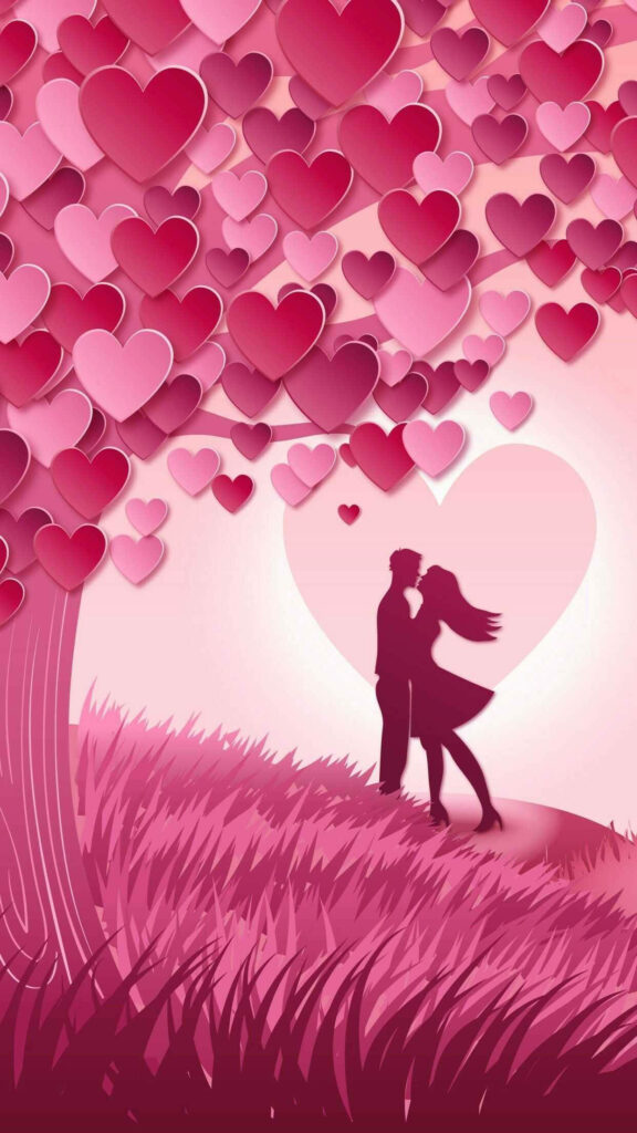 Romantic Kissing Couple Wallpaper with Pastel Hearts - Love & Affection