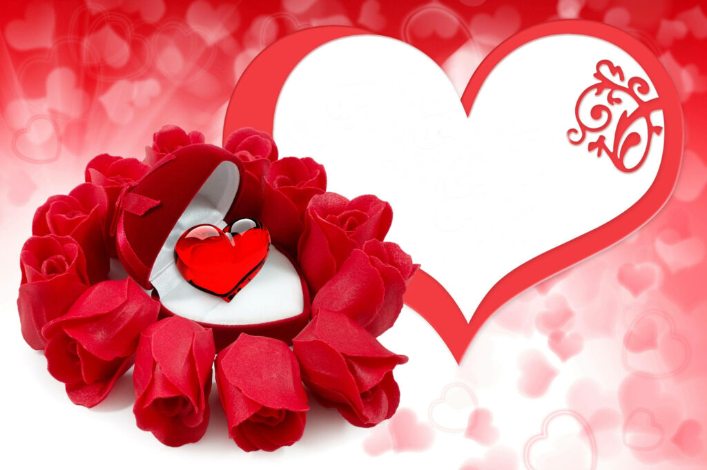Romantic Heart-Shaped Ring Box Wallpaper with Red Roses