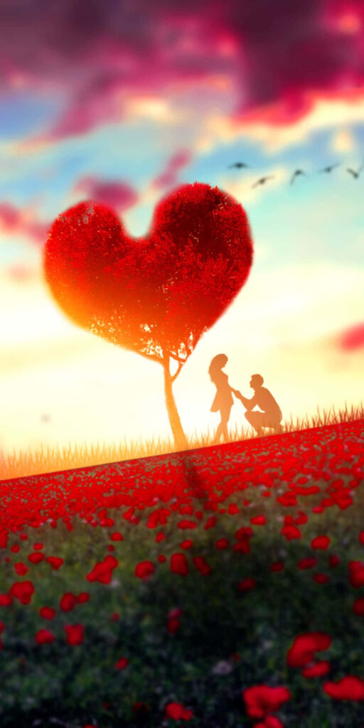 Romantic Wallpaper: Heart Tree & Sunset in Red Flower Field