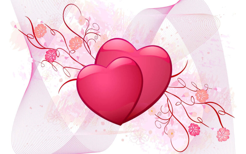 Romantic Red Hearts Wallpaper with Floral Designs & Soft Pink Swirls