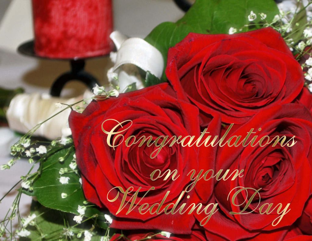 Romantic wedding wallpaper with red roses white baby's breath and gold congratulations text