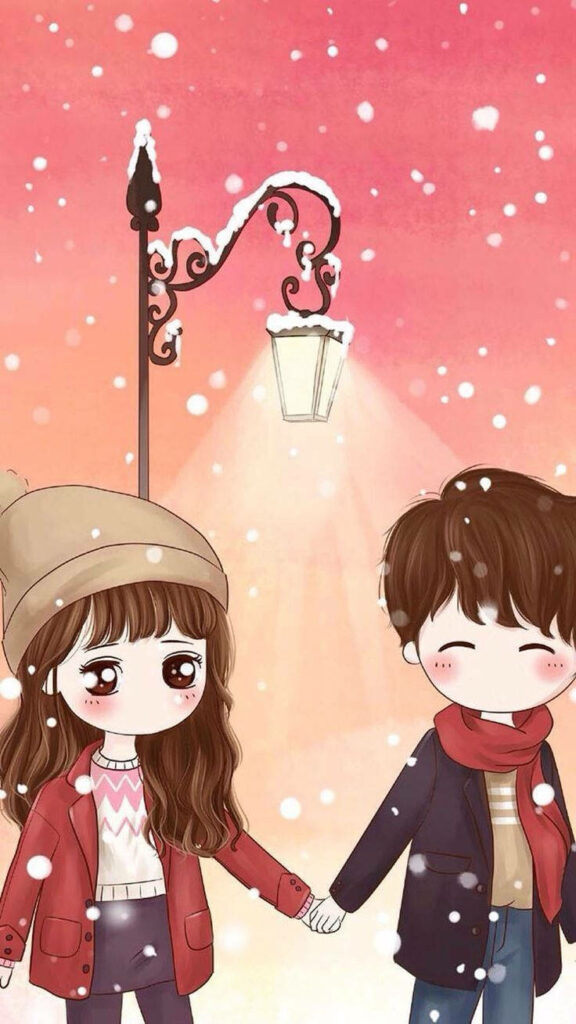 Romantic Winter Wonderland: A Charming Duo Embracing under Falling Snowflakes Wallpaper