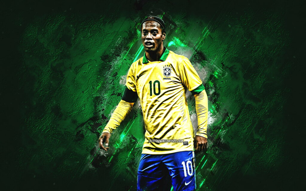 Glimpsing Ronaldinho: The Iconic Portrait of Brazil's Soccer Maestro amidst the Vibrant Green Stone Backdrop Wallpaper