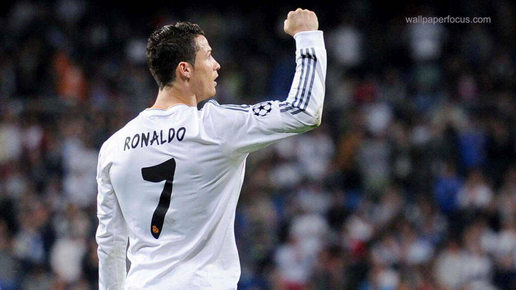 Cristiano Ronaldo Champions League fist pump celebration in Real Madrid number 7 jersey wallpaper