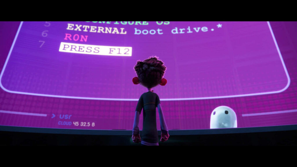 Vibrant Ron's Gone Wrong Wallpaper: Robot & Violet Screen Scene